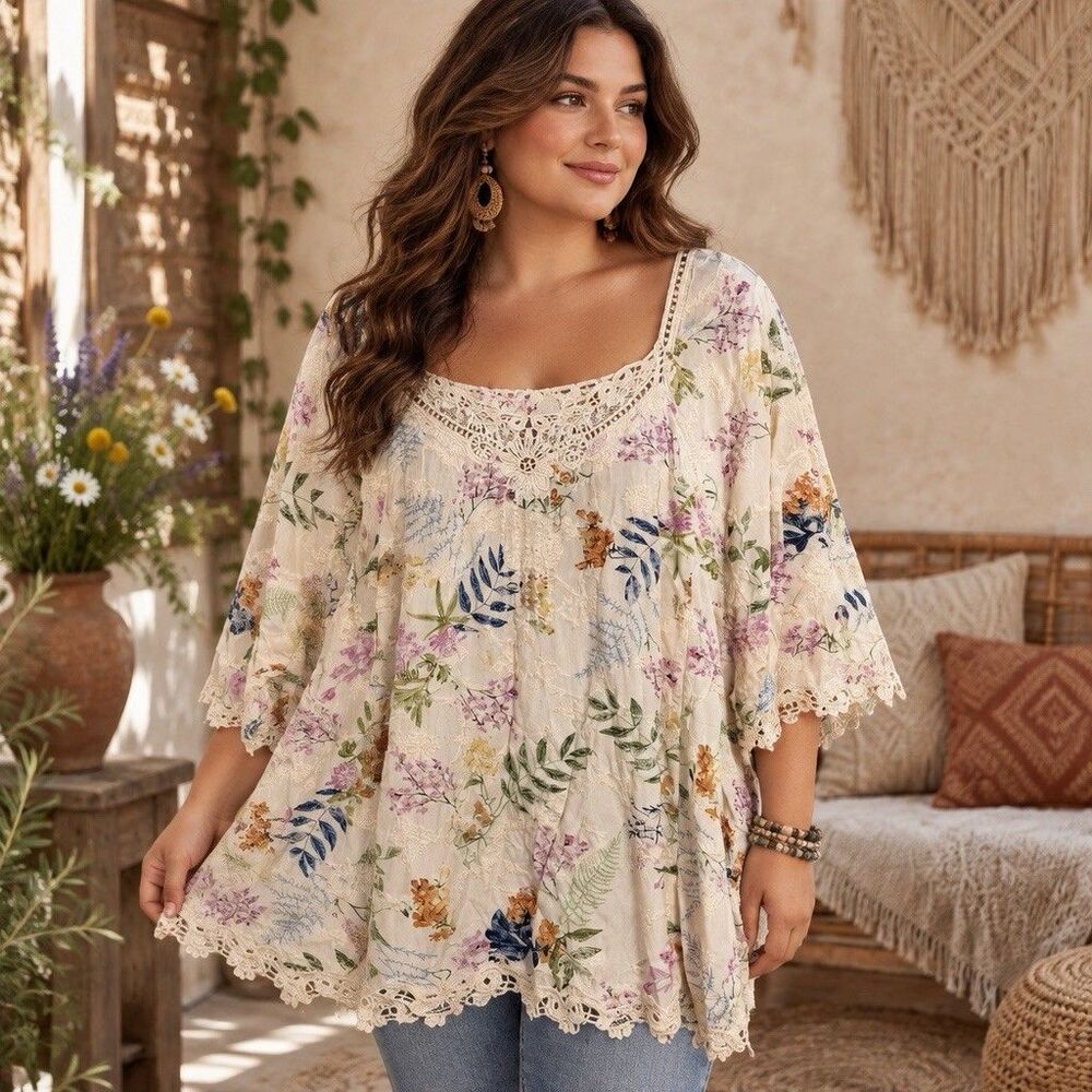 Solitaire 1X Ivory Floral Embroidered Crochet Lace Tunic Top Boho Cottagecore